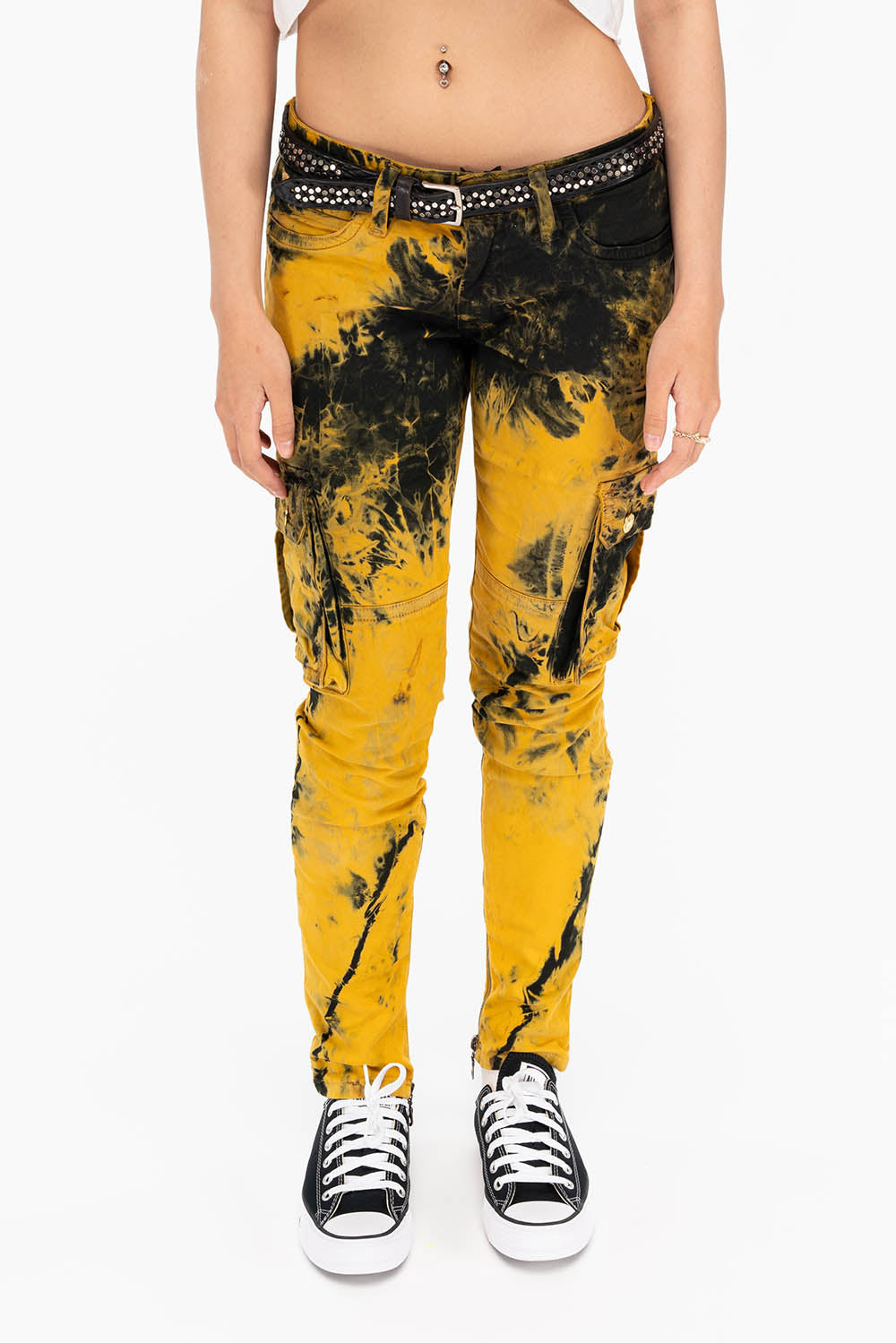 ZIPPER-MILITARY STYLE WOMENS CARGO PANTS IN TIE DYE YELLOW