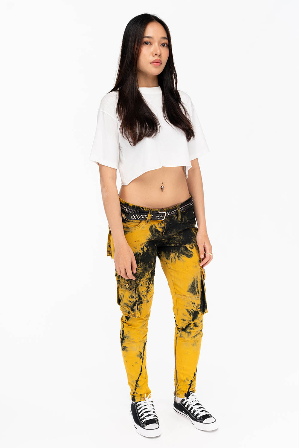 ZIPPER-MILITARY STYLE WOMENS CARGO PANTS IN TIE DYE YELLOW