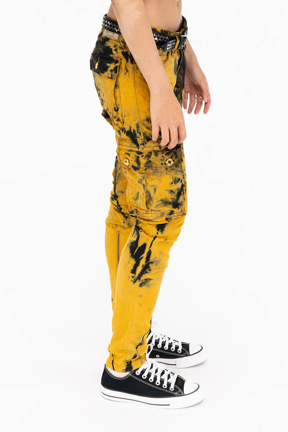 ZIPPER-MILITARY STYLE WOMENS CARGO PANTS IN TIE DYE YELLOW