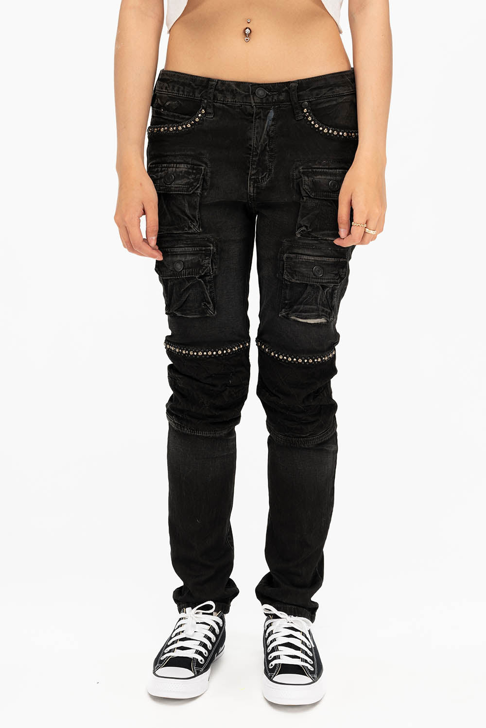 ROBIN'S MILITARY INSPIRED WOMEN'S SKINNY UTILITARIAN JEANS IN LA BLACK WITH STUDS AND CRYSTALS