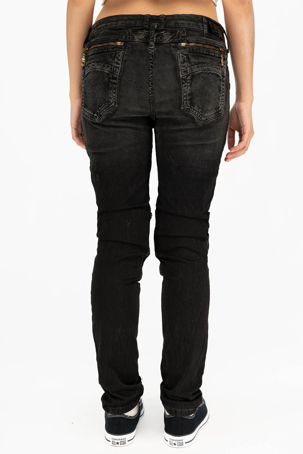 ROBIN'S MILITARY INSPIRED WOMEN'S SKINNY UTILITARIAN JEANS IN LA BLACK WITH STUDS AND CRYSTALS