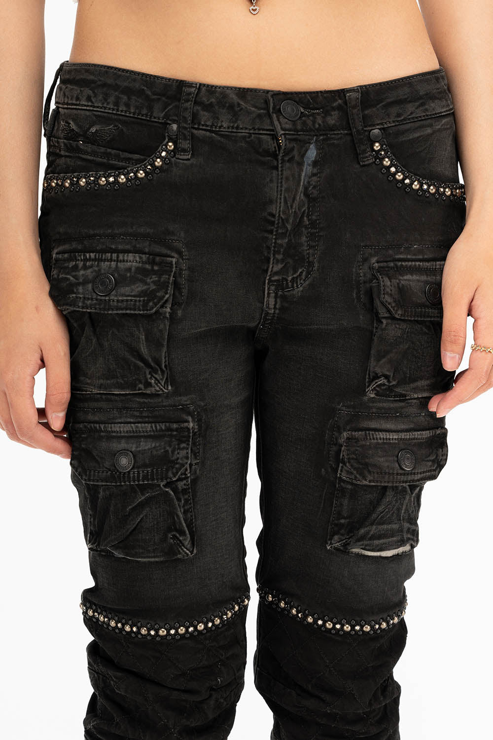 ROBIN'S MILITARY INSPIRED WOMEN'S SKINNY UTILITARIAN JEANS IN LA BLACK WITH STUDS AND CRYSTALS