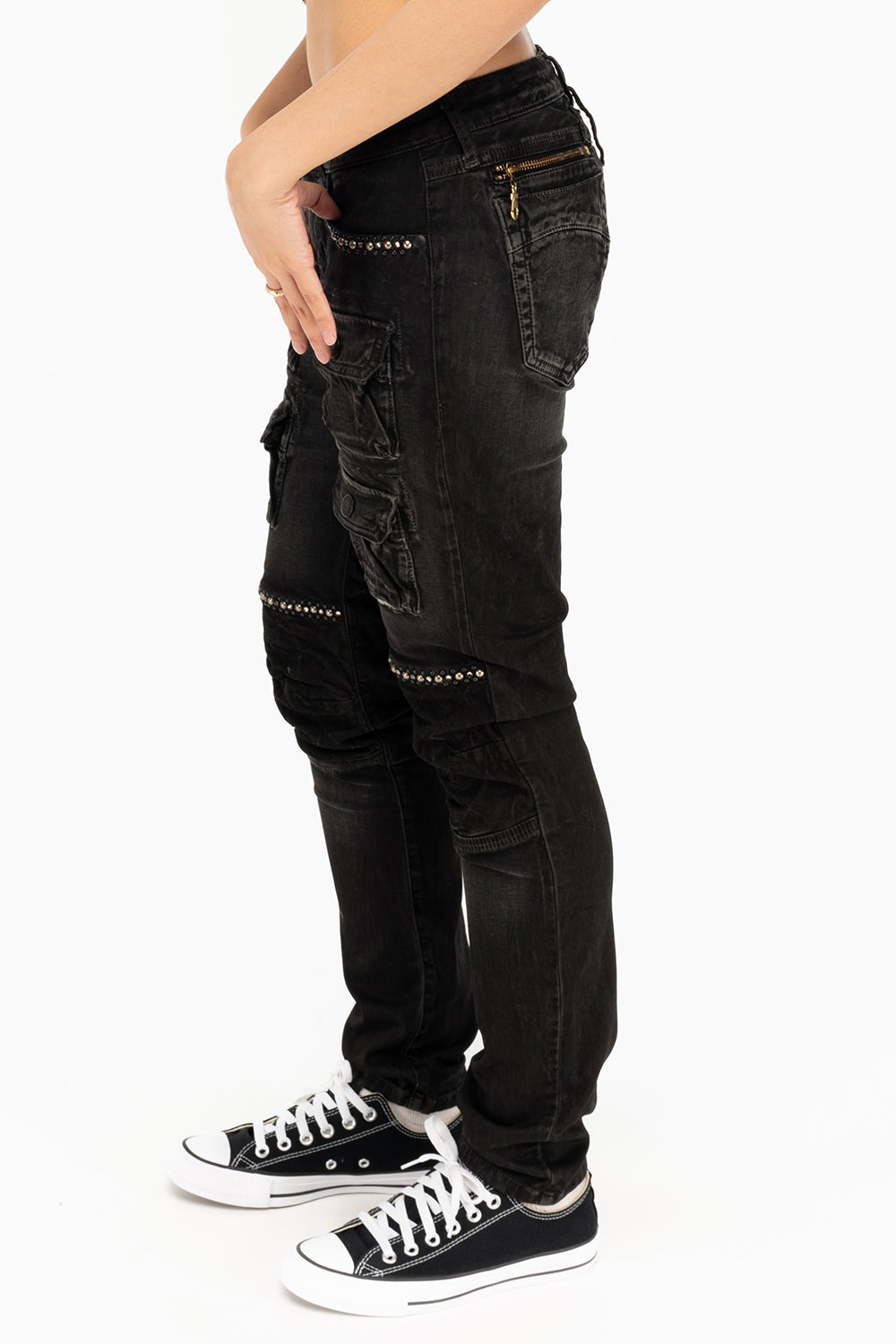 ROBIN'S MILITARY INSPIRED WOMEN'S SKINNY UTILITARIAN JEANS IN LA BLACK WITH STUDS AND CRYSTALS