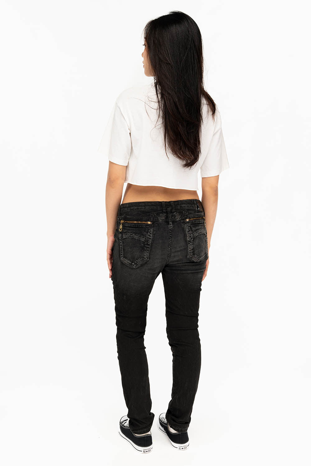 ROBIN'S MILITARY INSPIRED WOMEN'S SKINNY UTILITARIAN JEANS IN LA BLACK WITH STUDS AND CRYSTALS