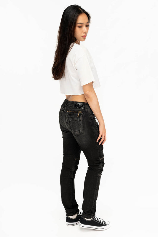 ROBIN'S WOMEN'S SKINNY UTILITARIAN JEANS IN LA BLACK WITH STUDS AND CRYSTALS