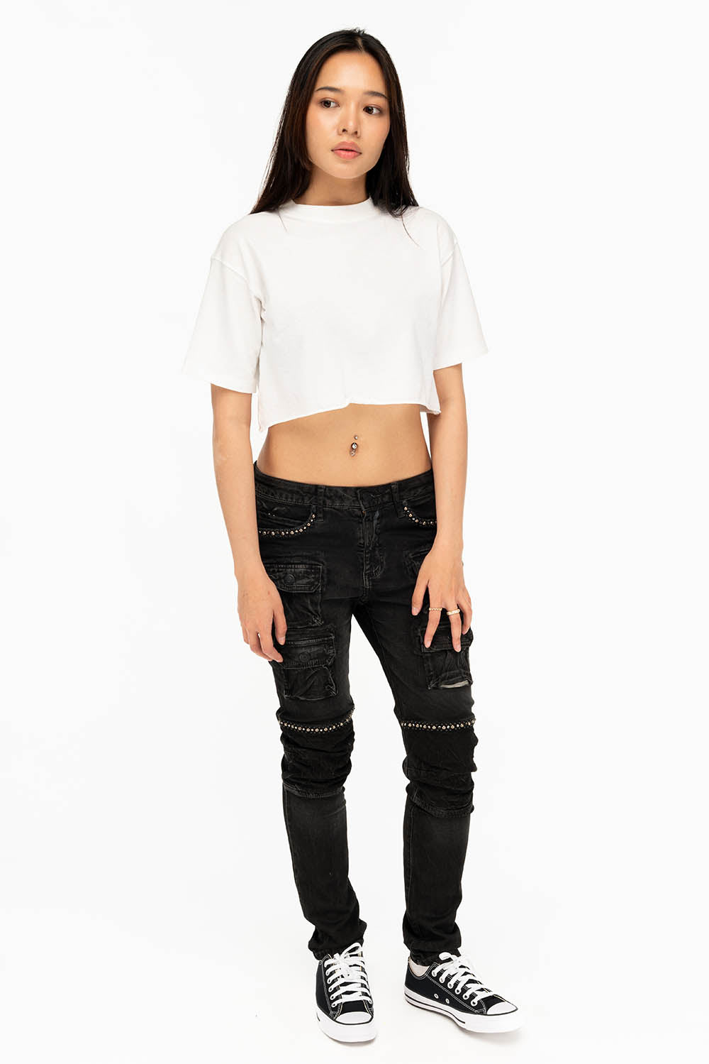 ROBIN'S MILITARY INSPIRED WOMEN'S SKINNY UTILITARIAN JEANS IN LA BLACK WITH STUDS AND CRYSTALS