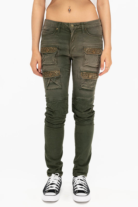 ROBIN'S  WOMEN'S SKINNY UTILITARIAN JEANS IN SULFUR GREEN ARMY WITH STUDS AND CRYSTALS