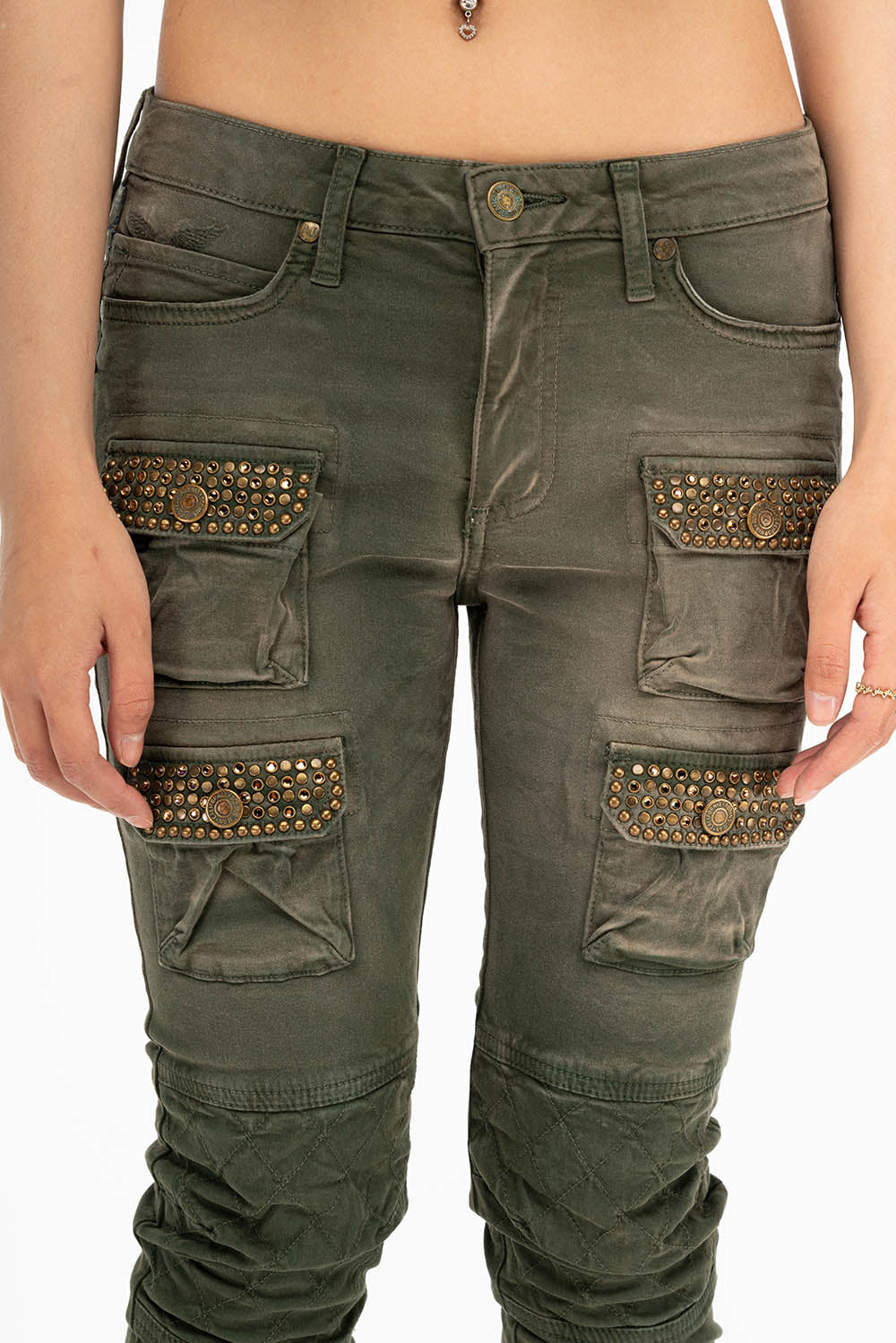 ROBIN'S MILITARY INSPIRED WOMEN'S SKINNY UTILITARIAN JEANS IN SULFUR GREEN ARMY WITH STUDS AND CRYSTALS