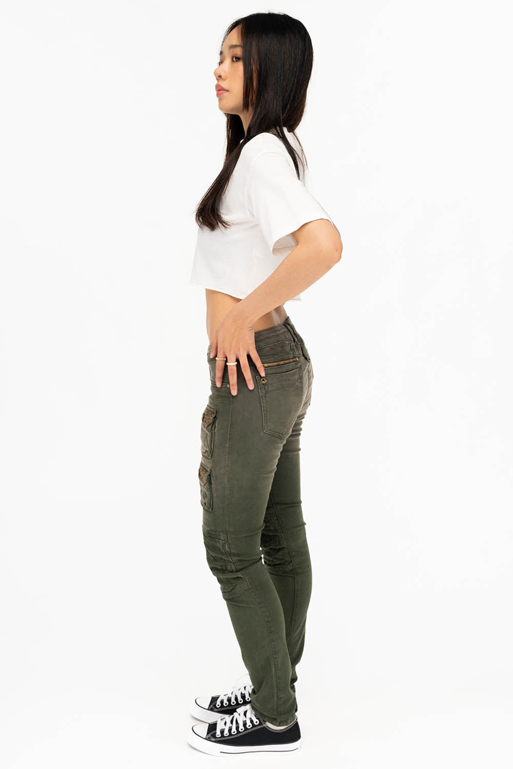 ROBIN'S MILITARY INSPIRED WOMEN'S SKINNY UTILITARIAN JEANS IN SULFUR GREEN ARMY WITH STUDS AND CRYSTALS