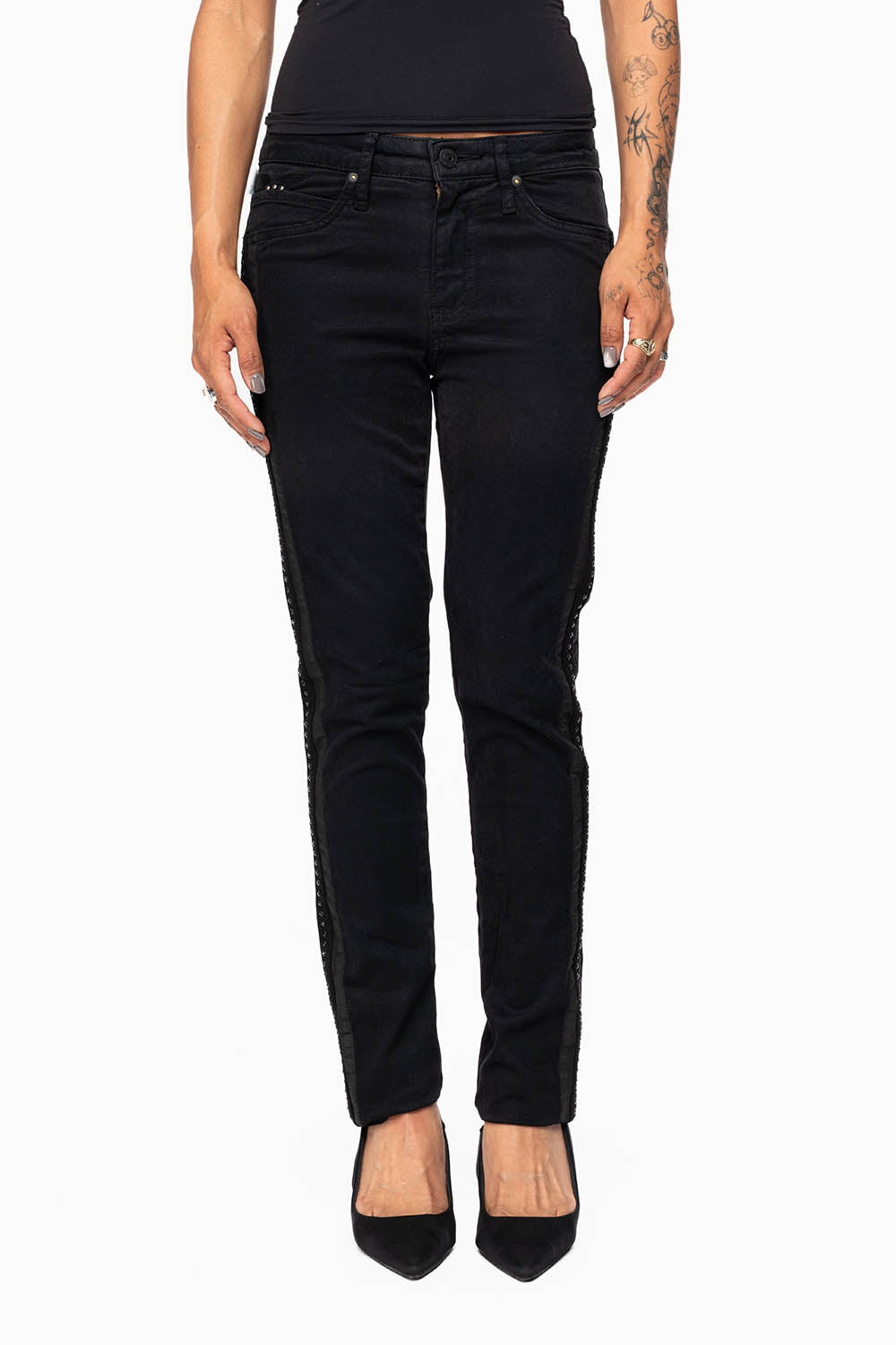 MID RISE WOMENS SKINNY BLACK JEANS WITH BLACK STRIPES EMBELLISHED WITH JET BLK CRYSTALS