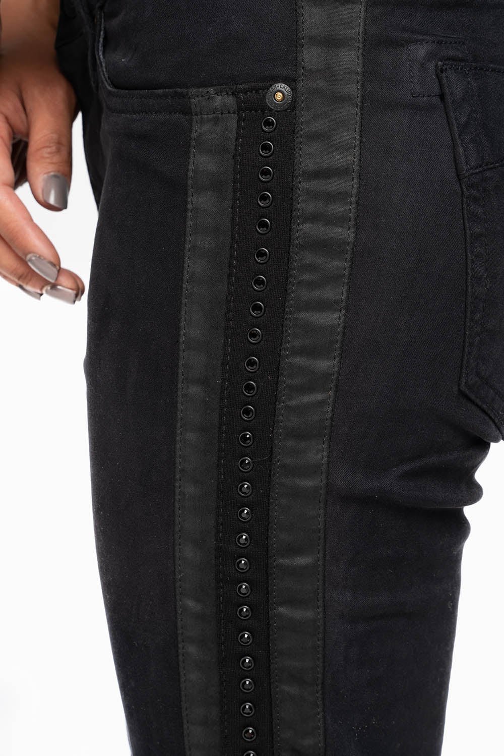 MID RISE WOMENS SKINNY BLACK JEANS WITH BLACK STRIPES EMBELLISHED WITH JET BLK CRYSTALS