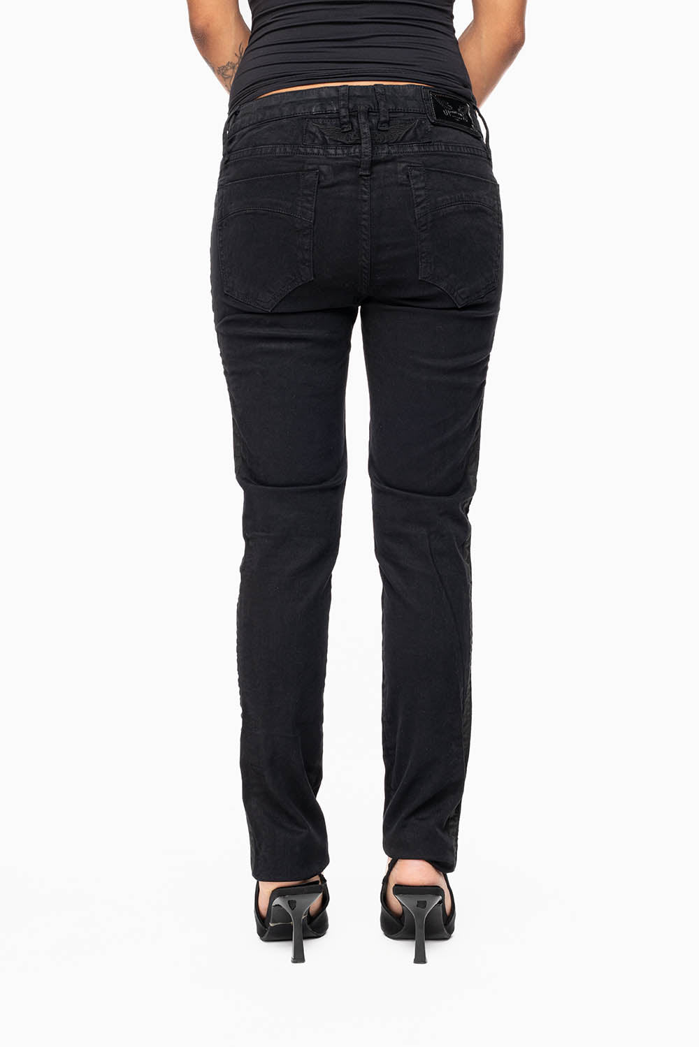 MID RISE WOMENS SKINNY BLACK JEANS WITH BLACK STRIPES EMBELLISHED WITH JET BLK CRYSTALS