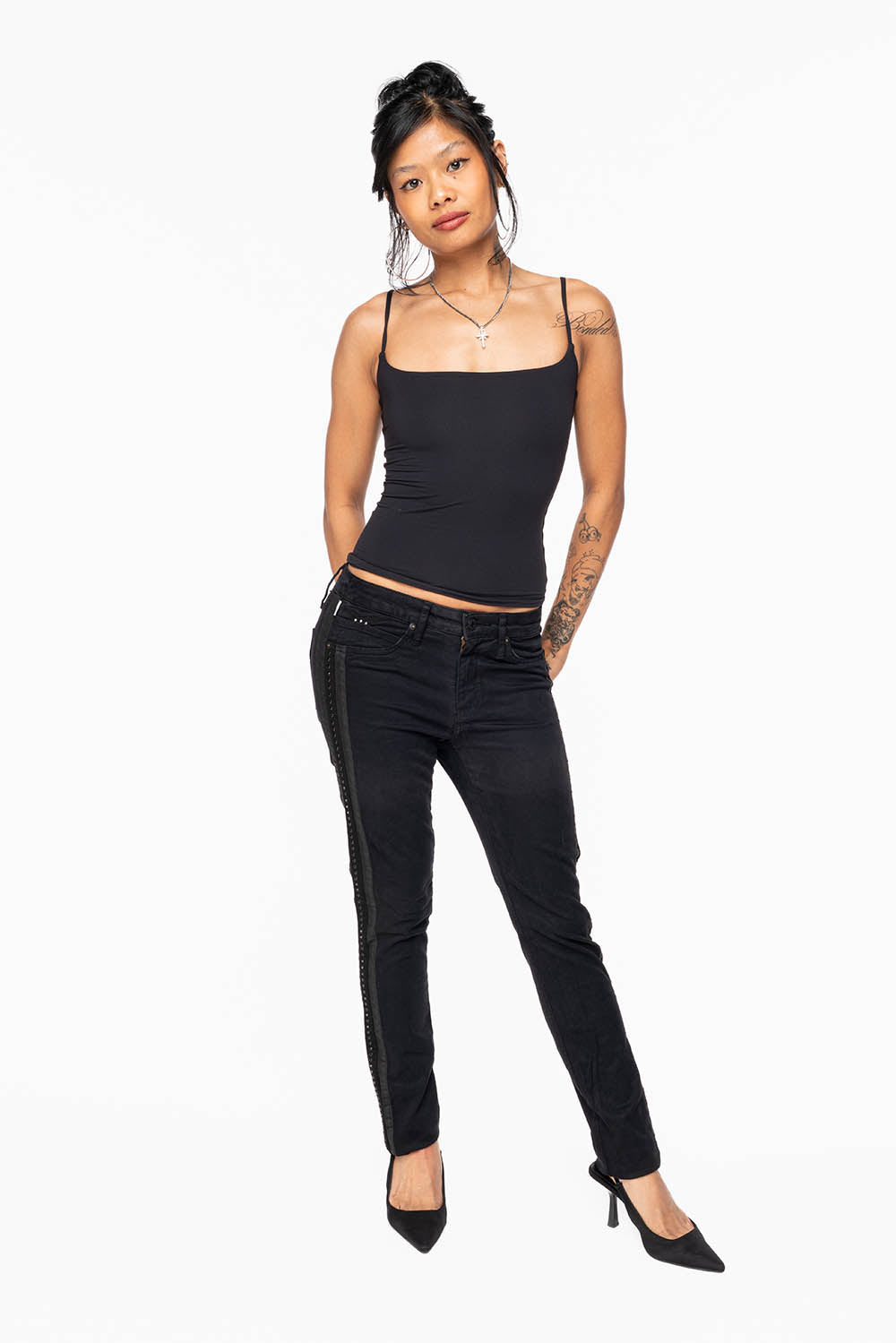 MID RISE WOMENS SKINNY BLACK JEANS WITH BLACK STRIPES EMBELLISHED WITH JET BLK CRYSTALS