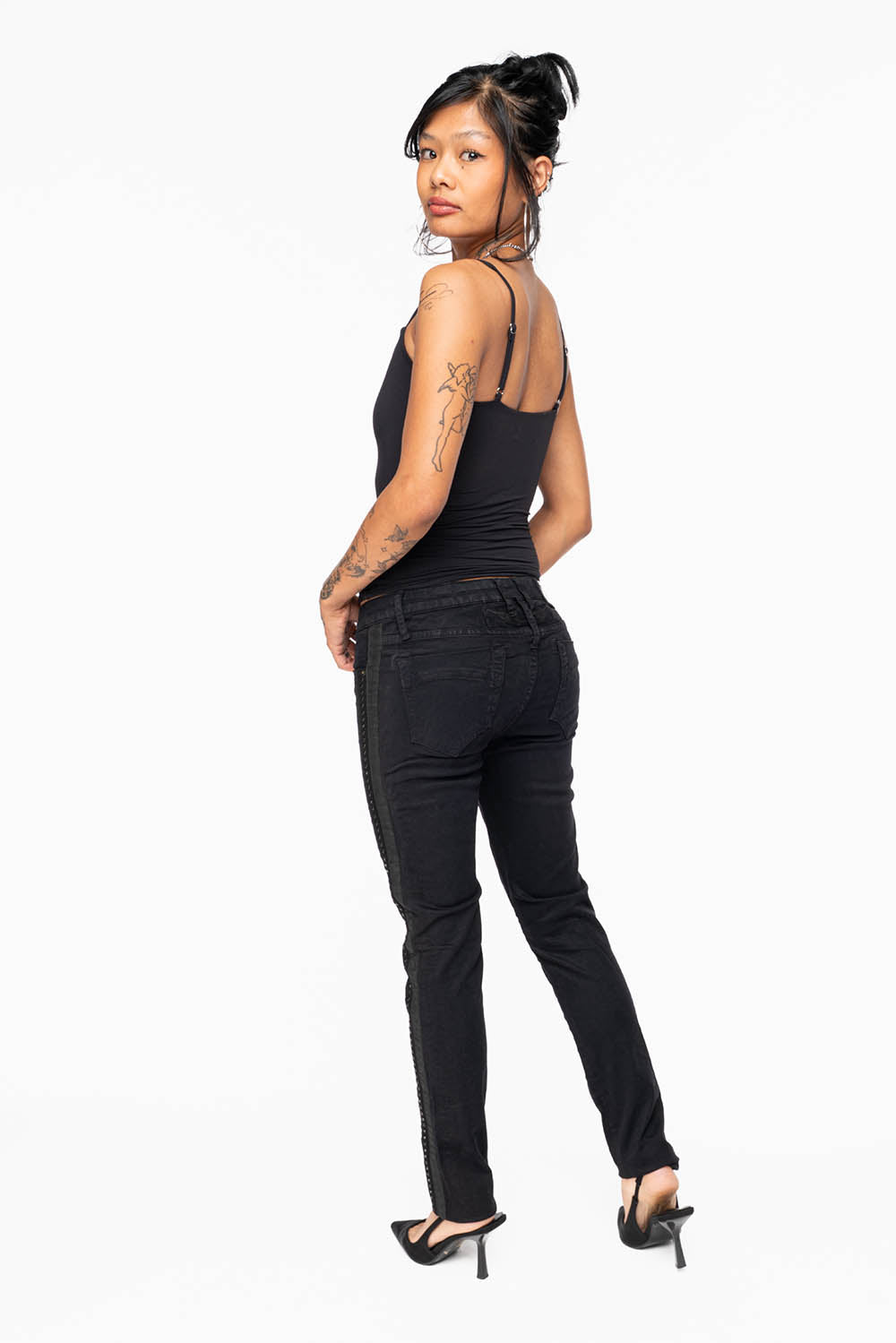 MID RISE WOMENS SKINNY BLACK JEANS WITH BLACK STRIPES EMBELLISHED WITH JET BLK CRYSTALS