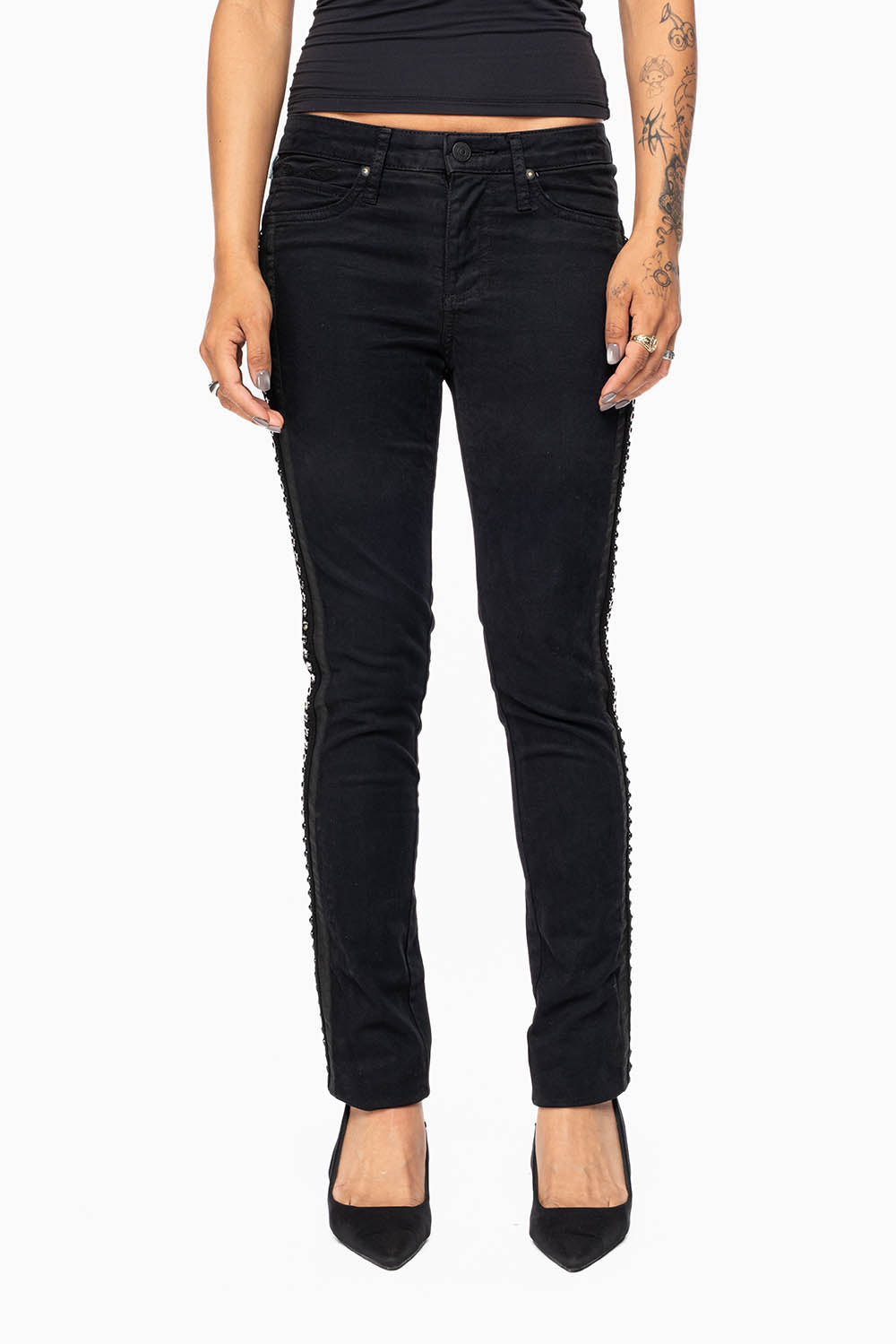 MID RISE WOMENS SKINNY BLACK JEANS WITH BLACK STRIPES EMBELLISHED WITH LARGE CRYSTALS