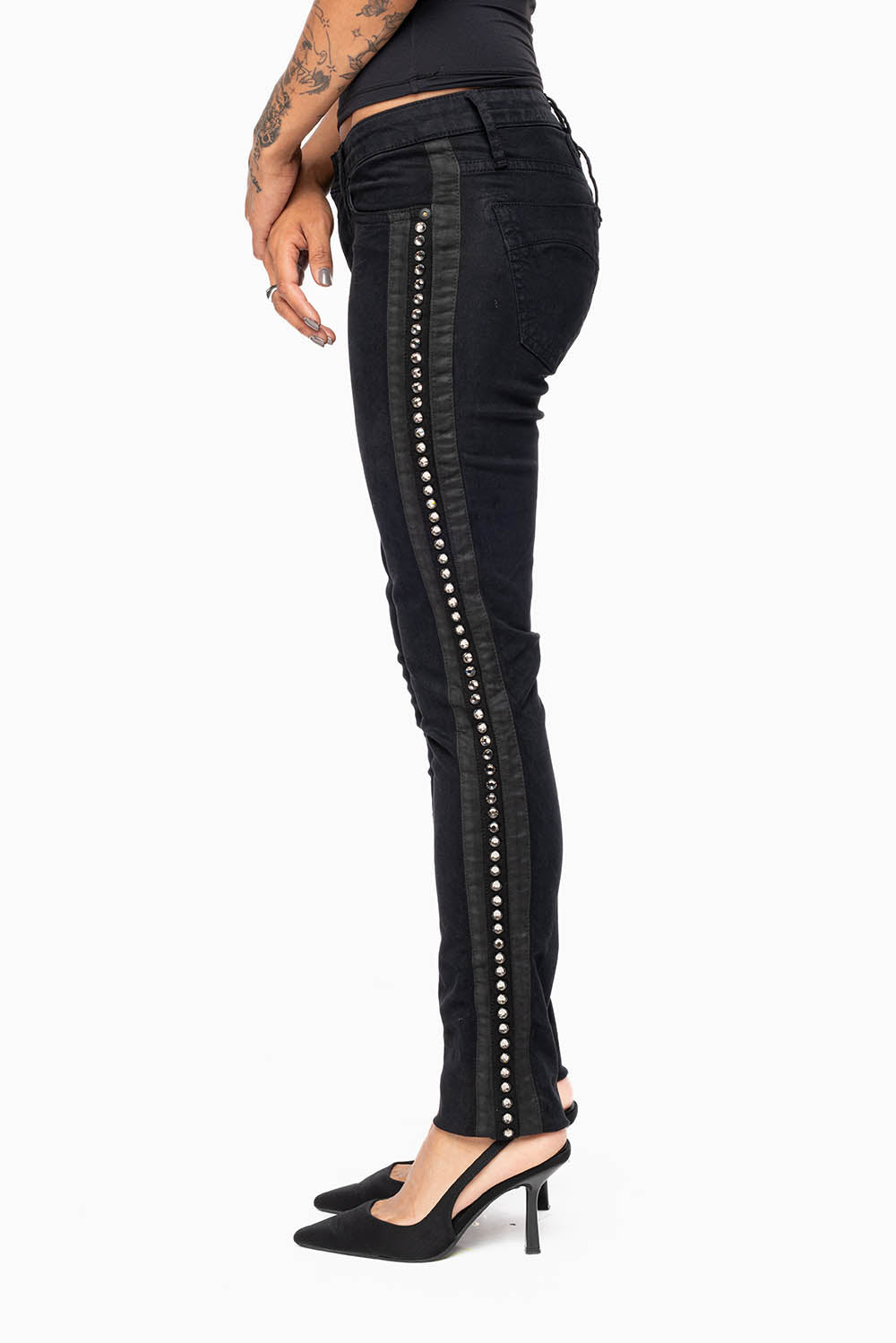 MID RISE WOMENS SKINNY BLACK JEANS WITH BLACK STRIPES EMBELLISHED WITH LARGE CRYSTALS