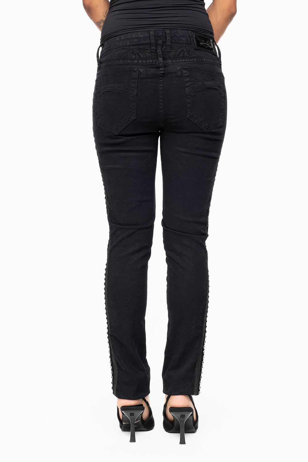 MID RISE WOMENS SKINNY BLACK JEANS WITH BLACK STRIPES EMBELLISHED WITH LARGE CRYSTALS