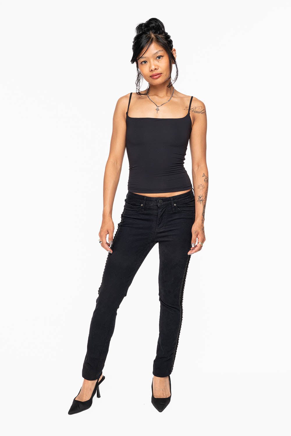 MID RISE WOMENS SKINNY BLACK JEANS WITH BLACK STRIPES EMBELLISHED WITH LARGE CRYSTALS