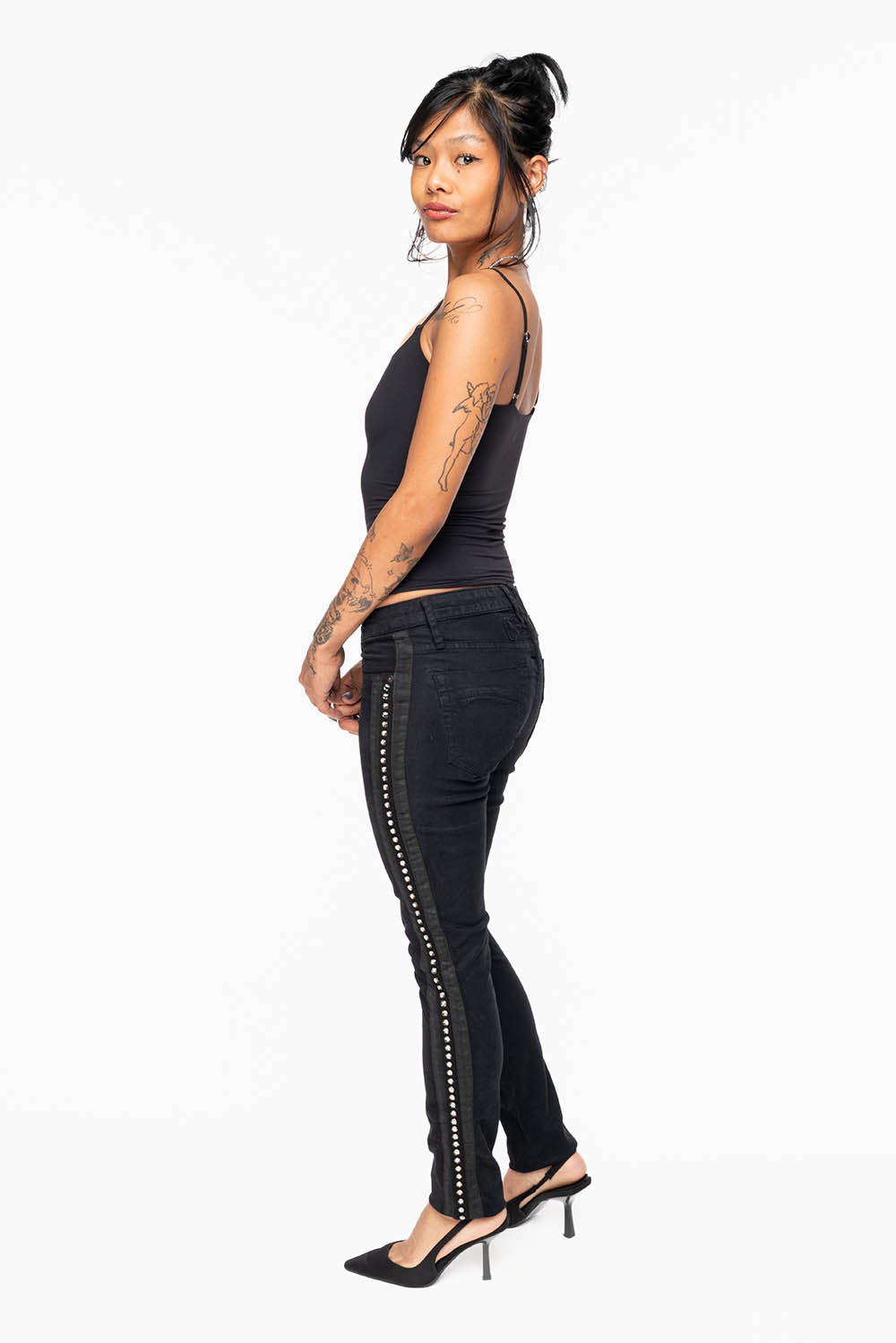 MID RISE WOMENS SKINNY BLACK JEANS WITH BLACK STRIPES EMBELLISHED WITH LARGE CRYSTALS