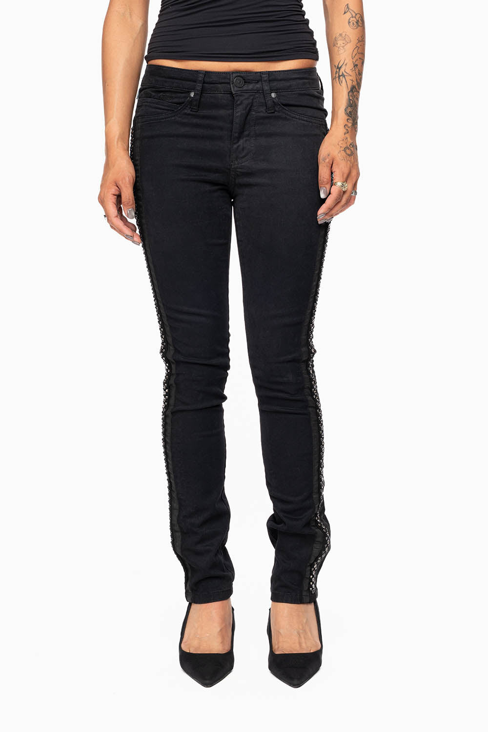 MID RISE WOMENS SKINNY BLACK JEANS WITH BLACK STRIPES EMBELLISHED WITH CRYSTALS