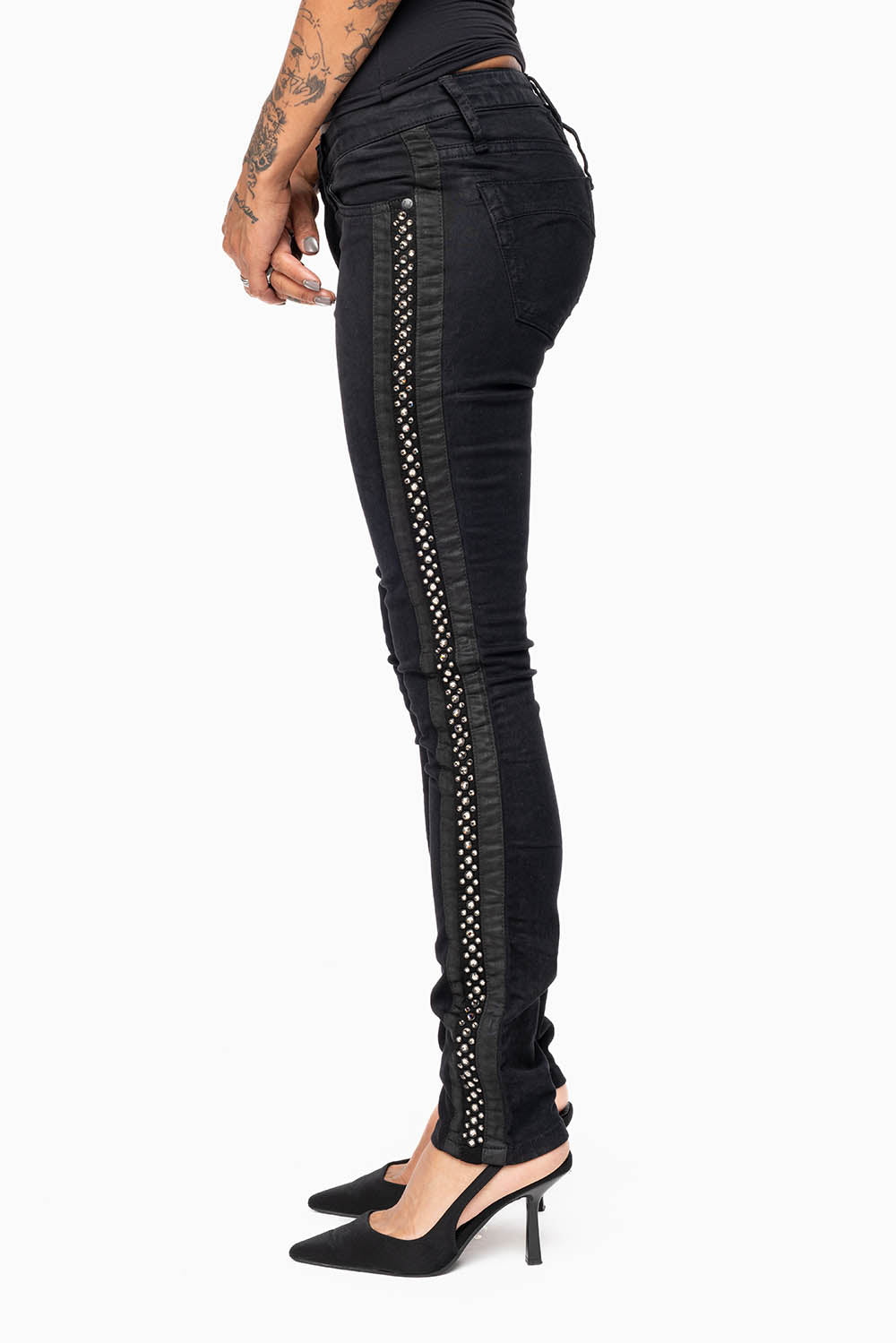 MID RISE WOMENS SKINNY BLACK JEANS WITH BLACK STRIPES EMBELLISHED WITH CRYSTALS