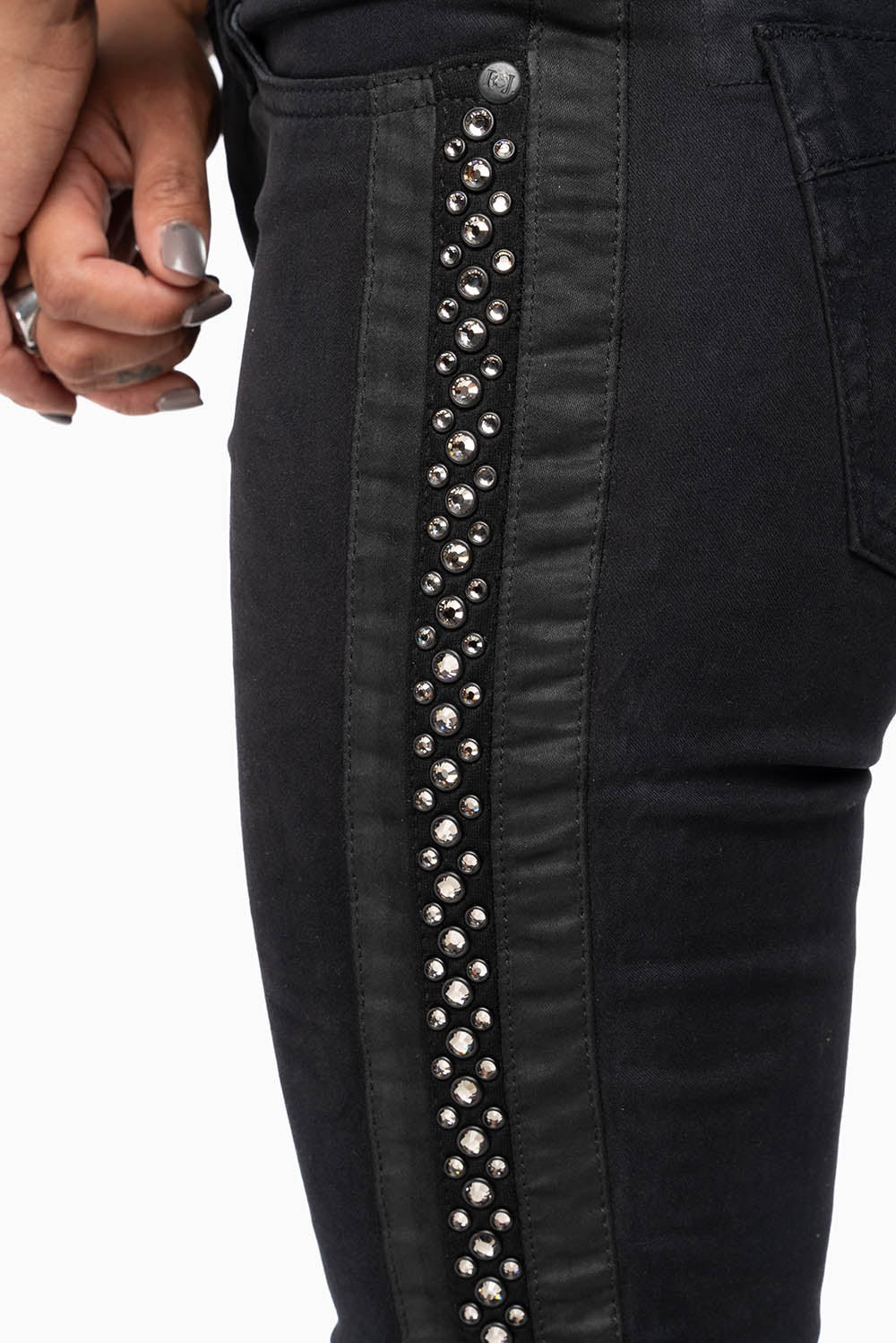 MID RISE WOMENS SKINNY BLACK JEANS WITH BLACK STRIPES EMBELLISHED WITH CRYSTALS