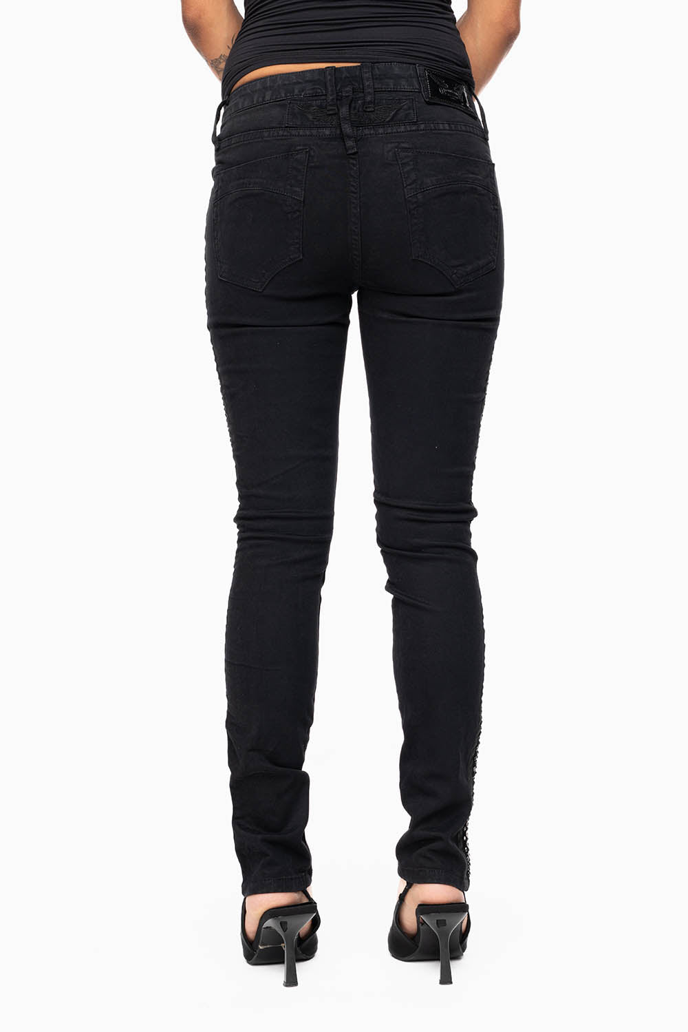 MID RISE WOMENS SKINNY BLACK JEANS WITH BLACK STRIPES EMBELLISHED WITH CRYSTALS
