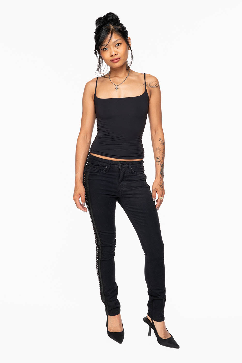 MID RISE WOMENS SKINNY BLACK JEANS WITH BLACK STRIPES EMBELLISHED WITH CRYSTALS