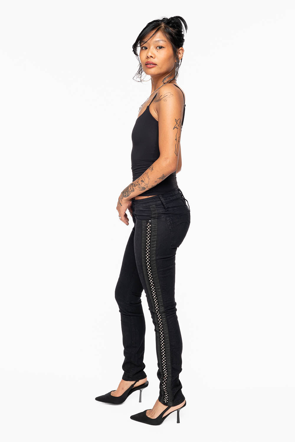 MID RISE WOMENS SKINNY BLACK JEANS WITH BLACK STRIPES EMBELLISHED WITH CRYSTALS