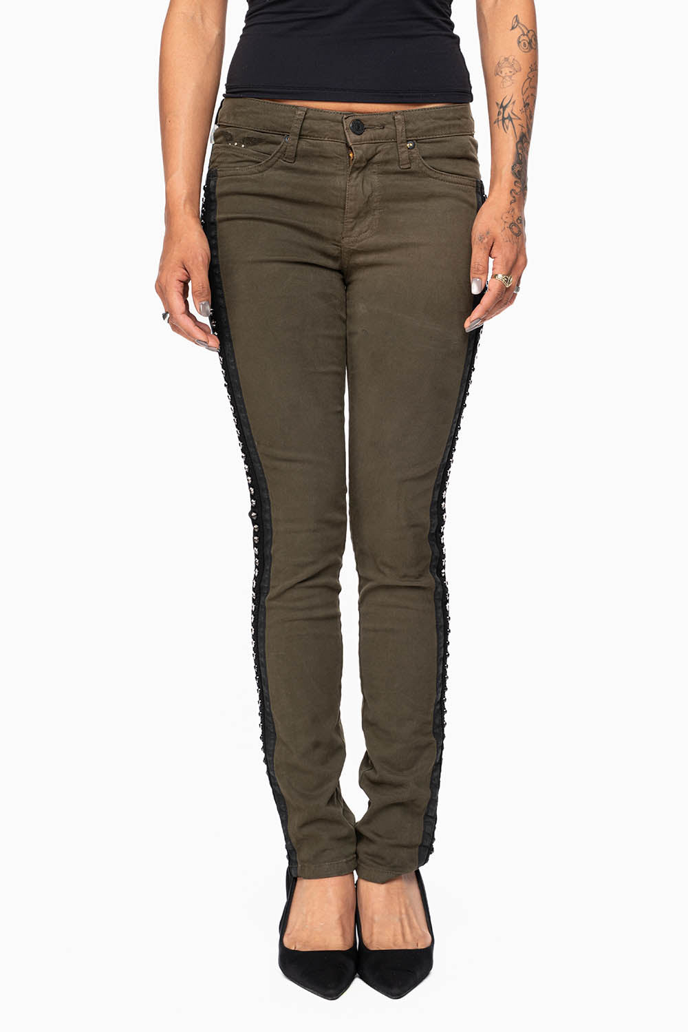 MID RISE WOMENS SKINNY DARK GREEN JEANS WITH BLACK STRIPES EMBELLISHED WITH LARGE CRYSTALS