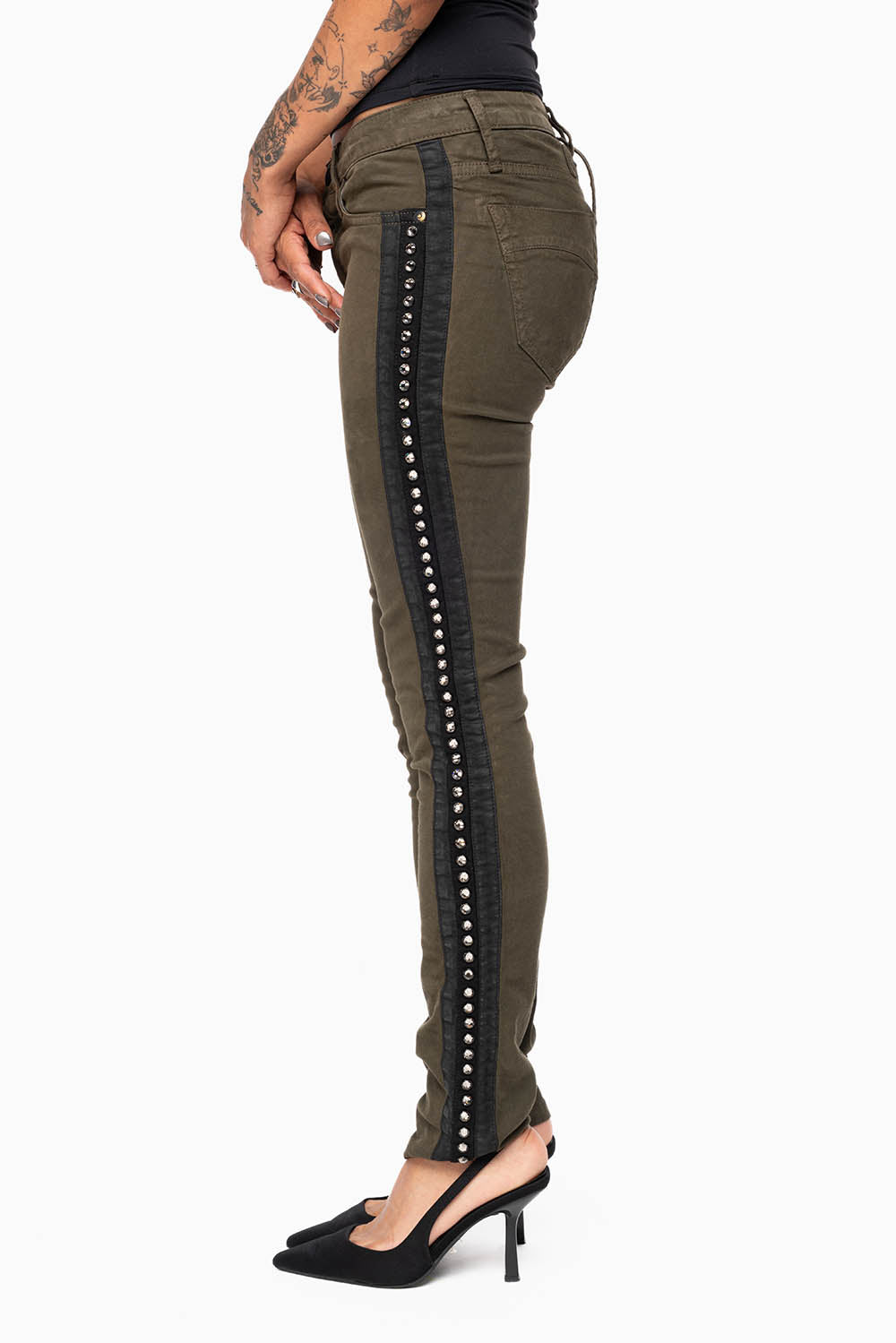 MID RISE WOMENS SKINNY DARK GREEN JEANS WITH BLACK STRIPES EMBELLISHED WITH LARGE CRYSTALS