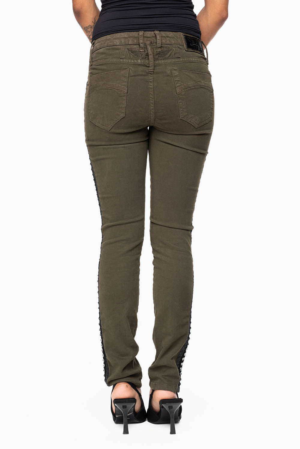 MID RISE WOMENS SKINNY DARK GREEN JEANS WITH BLACK STRIPES EMBELLISHED WITH LARGE CRYSTALS