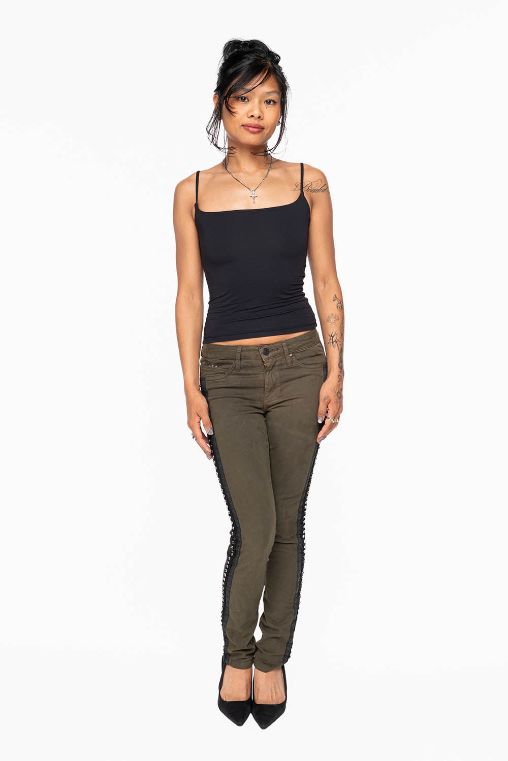 MID RISE WOMENS SKINNY DARK GREEN JEANS WITH BLACK STRIPES EMBELLISHED WITH LARGE CRYSTALS