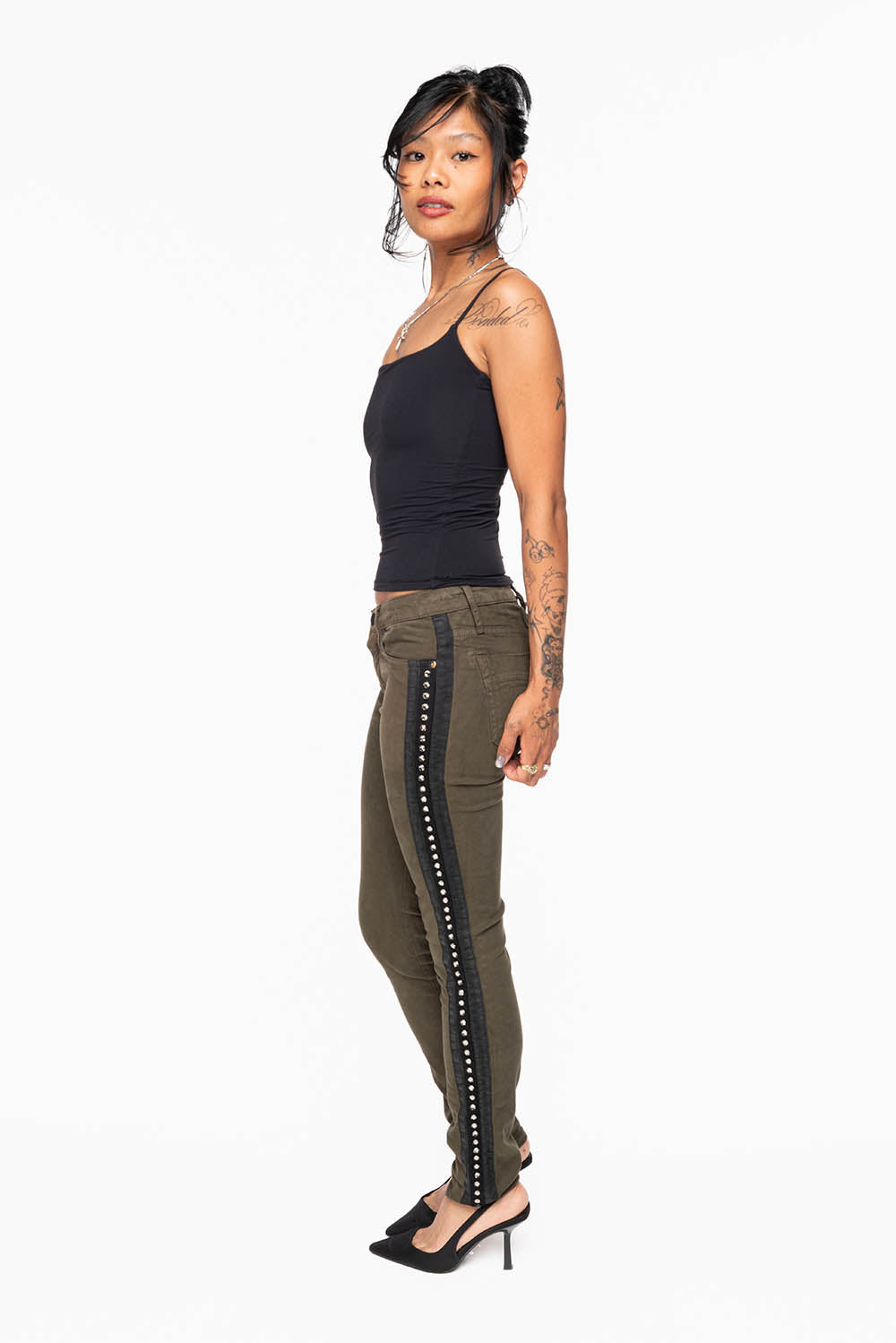 MID RISE WOMENS SKINNY DARK GREEN JEANS WITH BLACK STRIPES EMBELLISHED WITH LARGE CRYSTALS