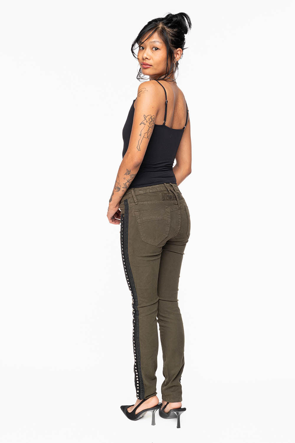 MID RISE WOMENS SKINNY DARK GREEN JEANS WITH BLACK STRIPES EMBELLISHED WITH LARGE CRYSTALS