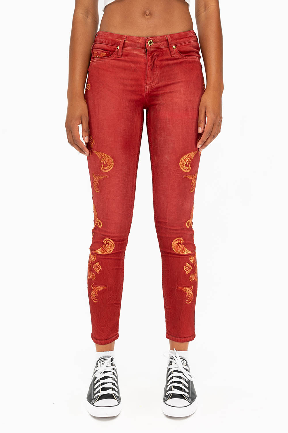 MID RISE WOMENS JEANS WITH GOLD EMBROIDERY IN RED