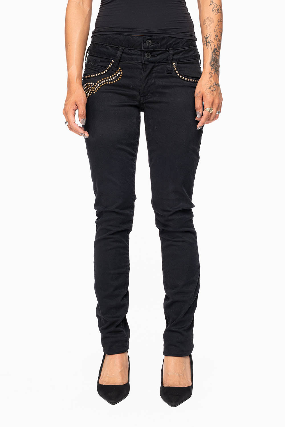 ROBIN'S DOUBLE WAIST SKINNY IN PURE BLK  WITH STUDS AND CRYSTALS