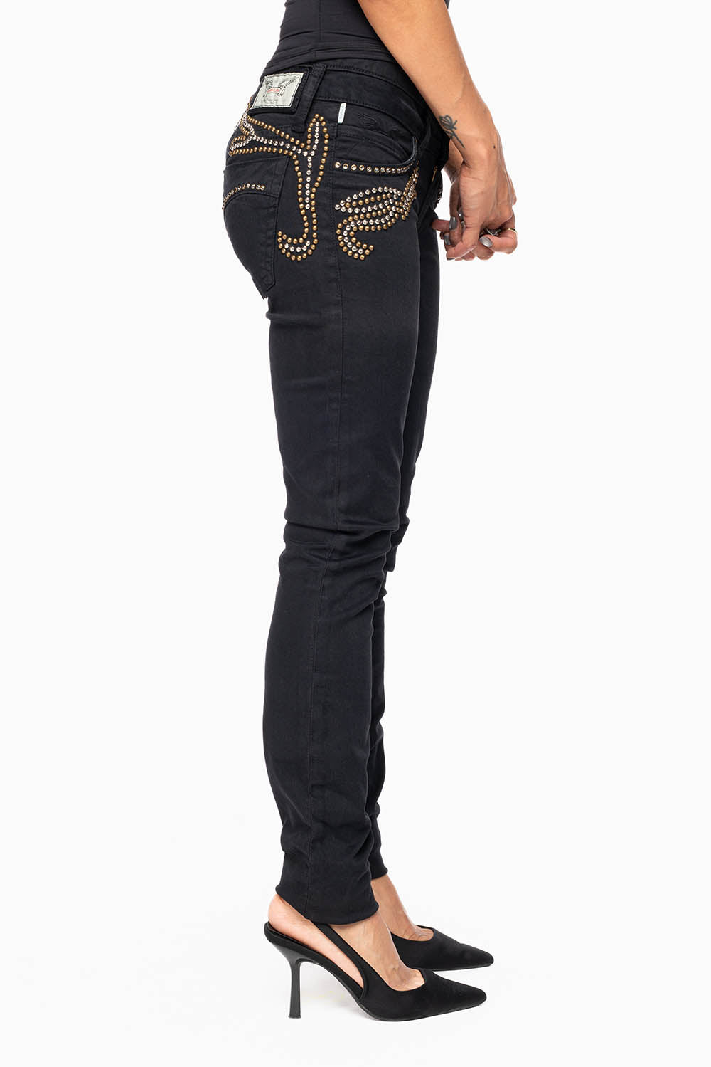 ROBIN'S DOUBLE WAIST SKINNY IN PURE BLK  WITH STUDS AND CRYSTALS