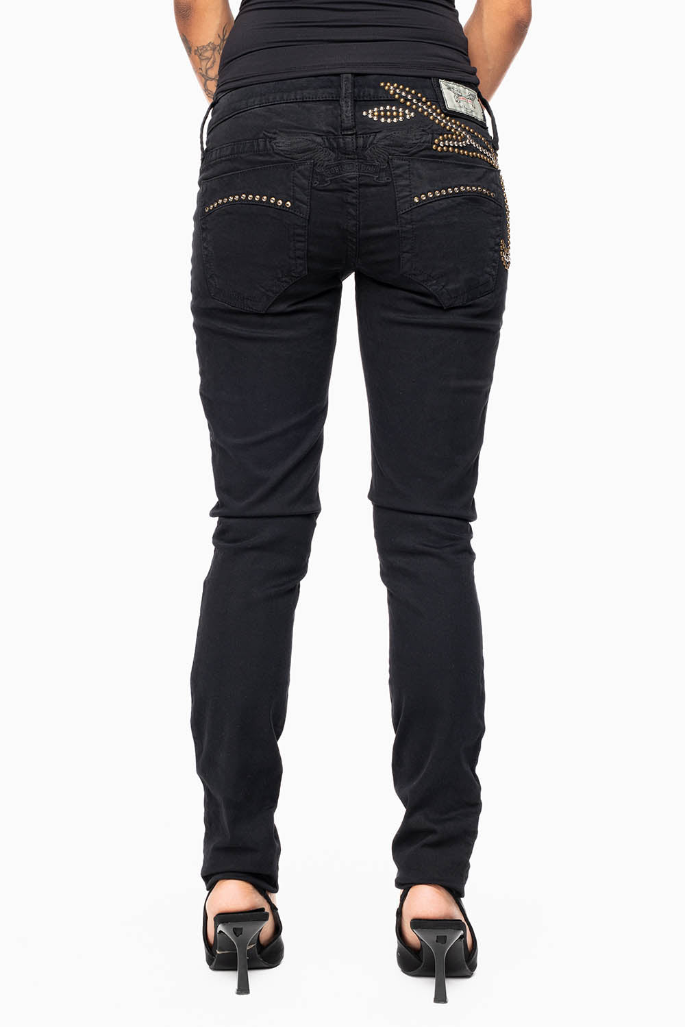 ROBIN'S DOUBLE WAIST SKINNY IN PURE BLK  WITH STUDS AND CRYSTALS
