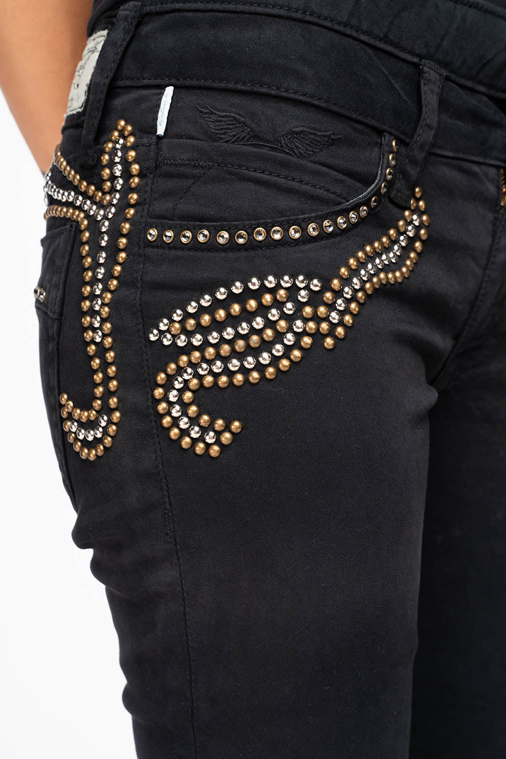 ROBIN'S DOUBLE WAIST SKINNY IN PURE BLK  WITH STUDS AND CRYSTALS