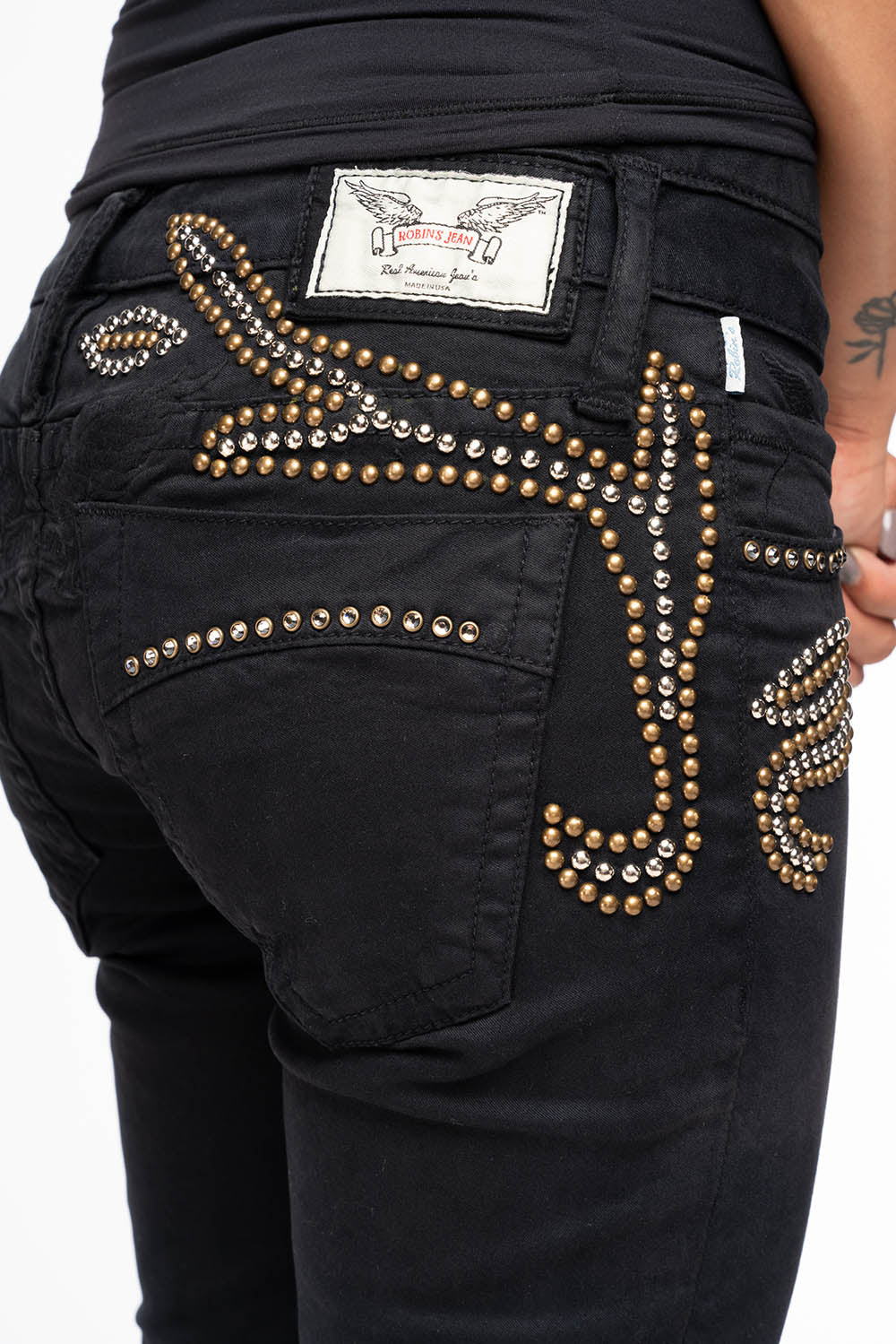 ROBIN'S DOUBLE WAIST SKINNY IN PURE BLK  WITH STUDS AND CRYSTALS