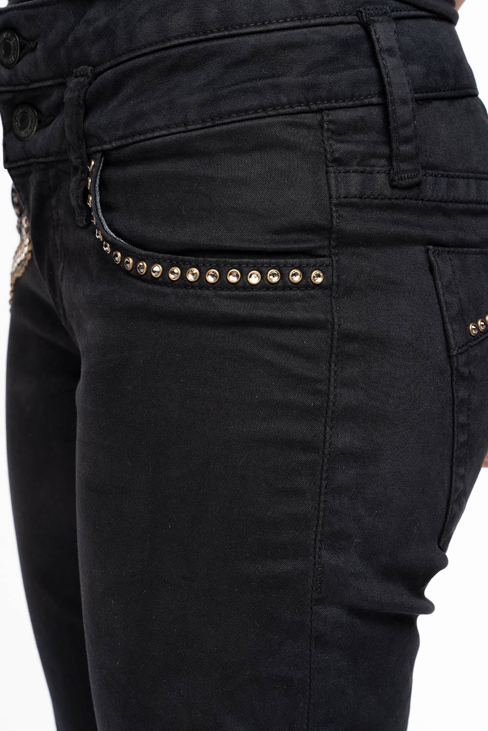ROBIN'S DOUBLE WAIST SKINNY IN PURE BLK  WITH STUDS AND CRYSTALS