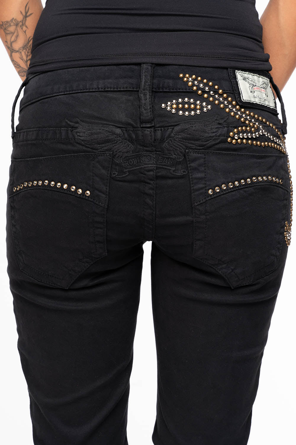 ROBIN'S DOUBLE WAIST SKINNY IN PURE BLK  WITH STUDS AND CRYSTALS