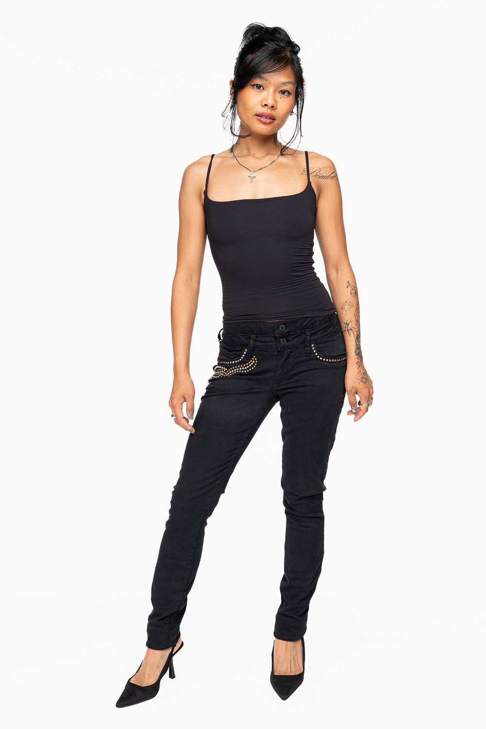 ROBIN'S DOUBLE WAIST SKINNY IN PURE BLK  WITH STUDS AND CRYSTALS