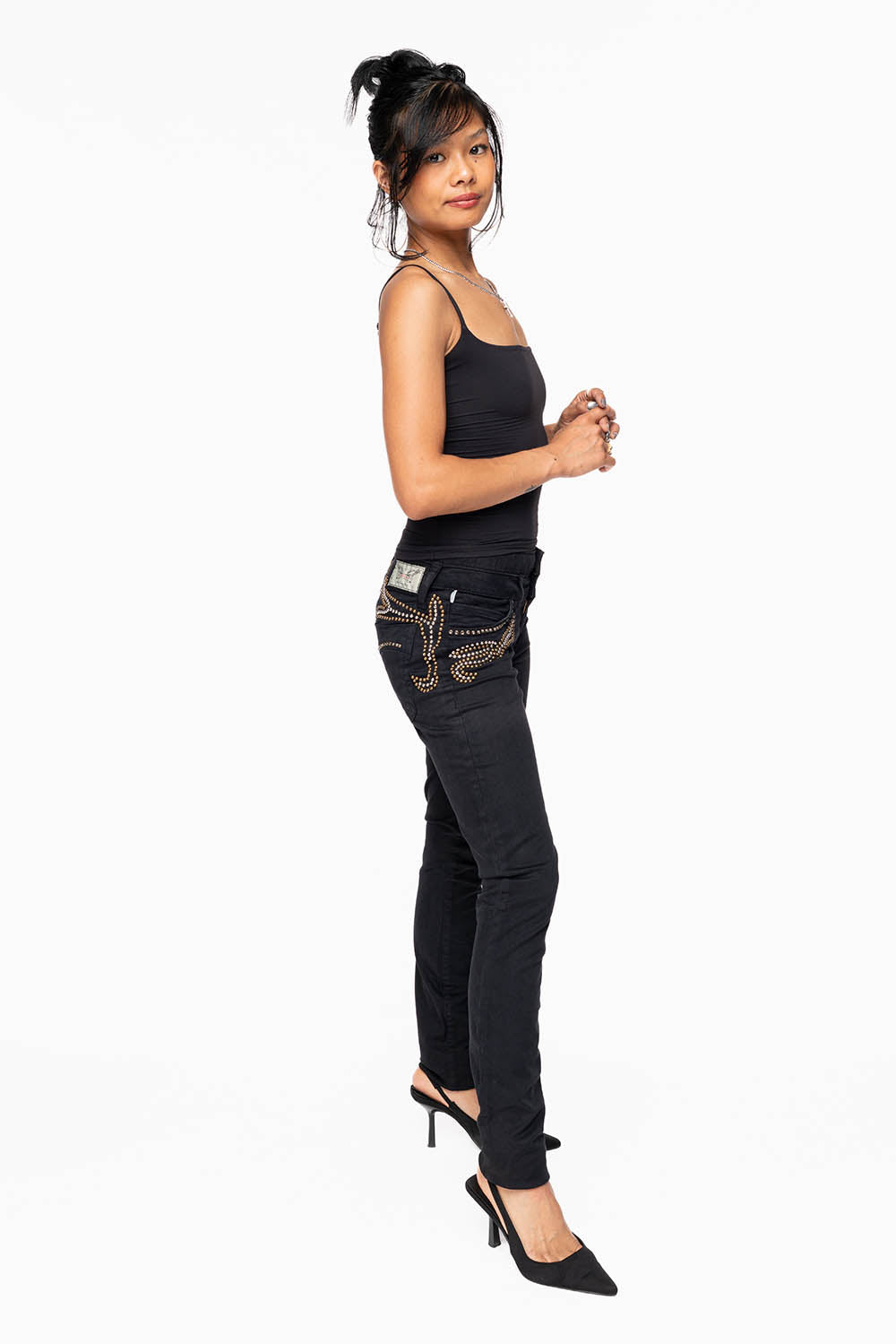 ROBIN'S DOUBLE WAIST SKINNY IN PURE BLK  WITH STUDS AND CRYSTALS