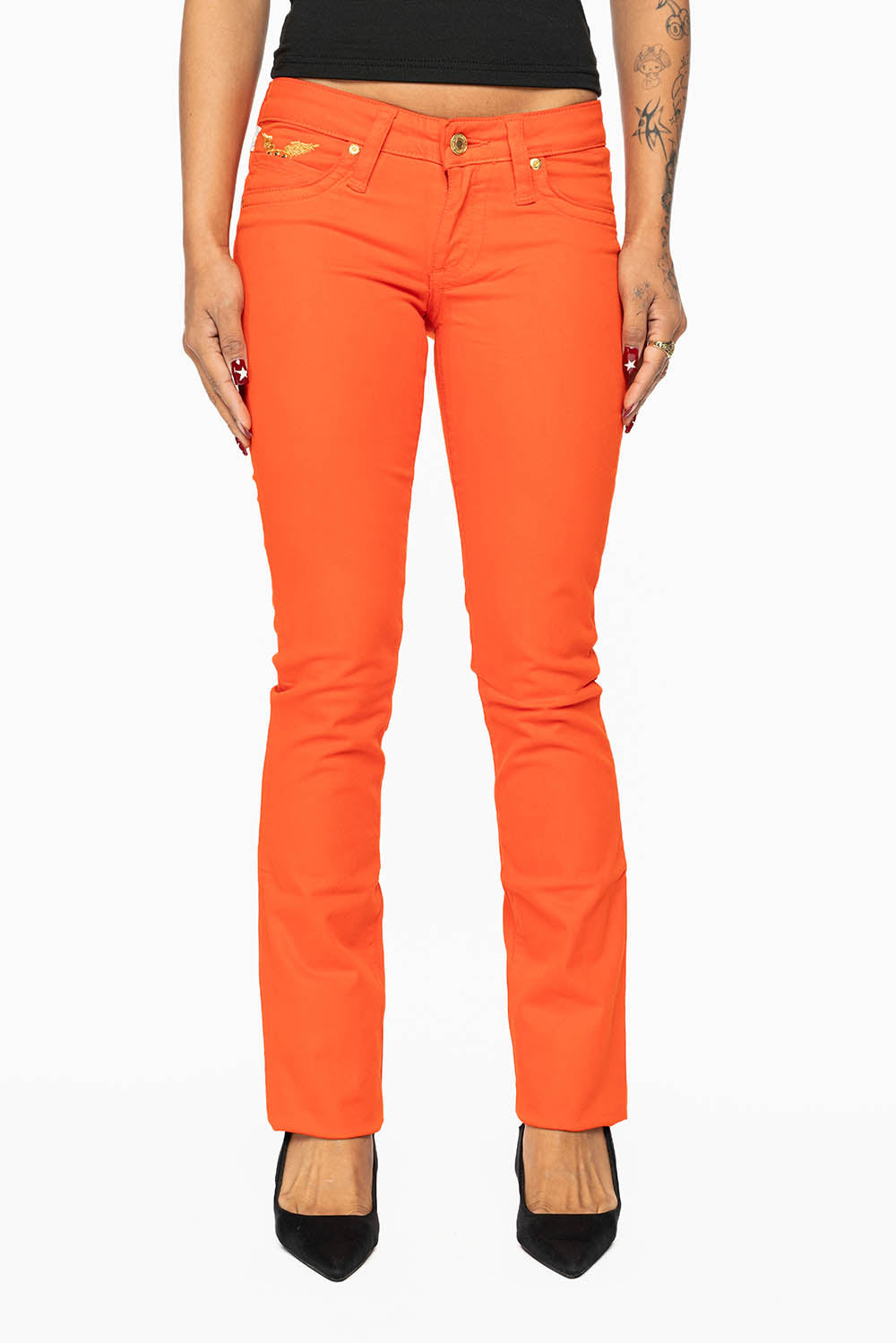 MARILYN LOW RISE WOMENS JEANS IN TANGERINE WASH  WITH GOLD WINGS & AURUM CRYSTALS