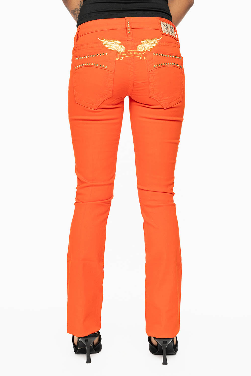 MARILYN LOW RISE WOMENS JEANS IN TANGERINE WASH  WITH GOLD WINGS & AURUM CRYSTALS
