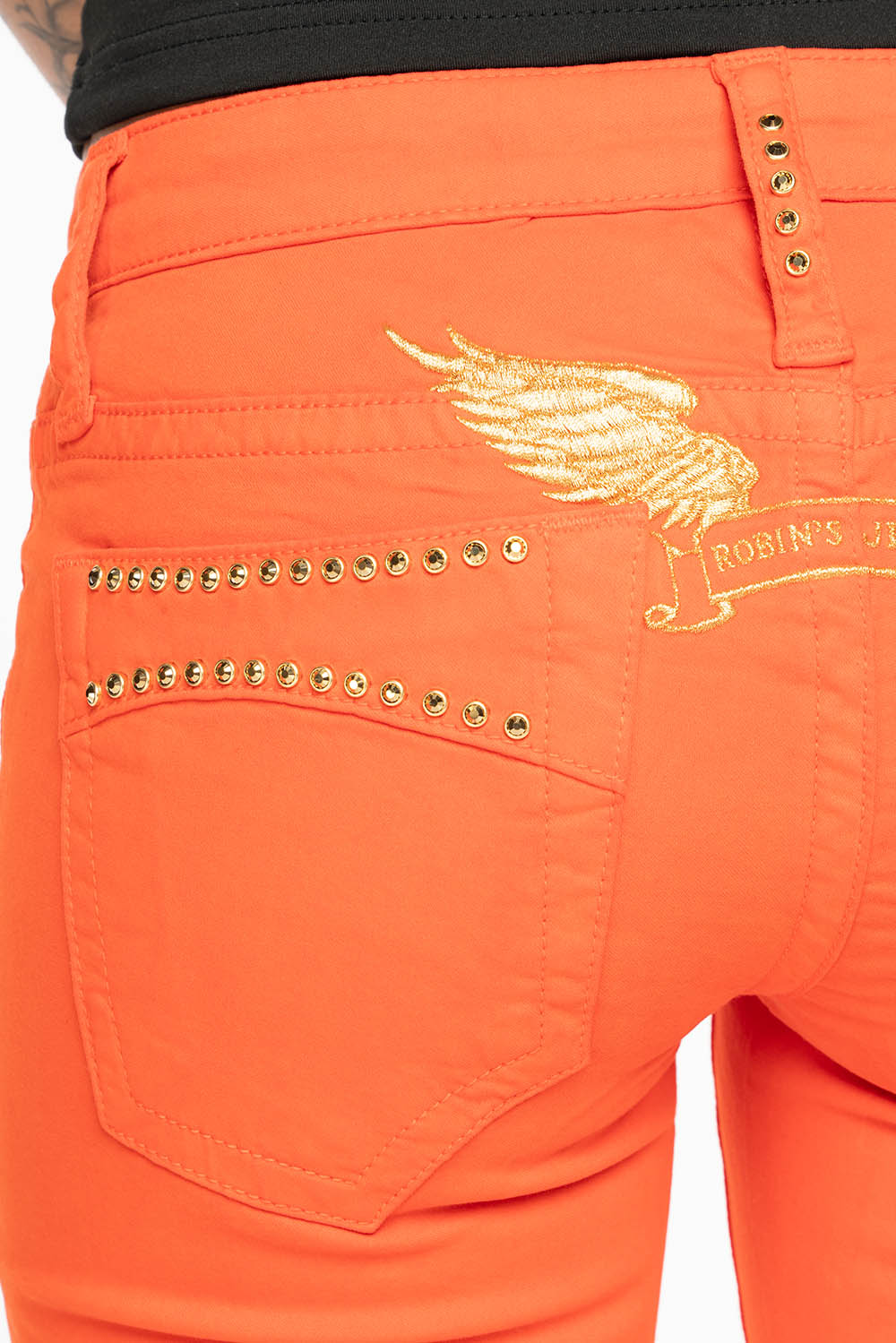 MARILYN LOW RISE WOMENS JEANS IN TANGERINE WASH  WITH GOLD WINGS & AURUM CRYSTALS