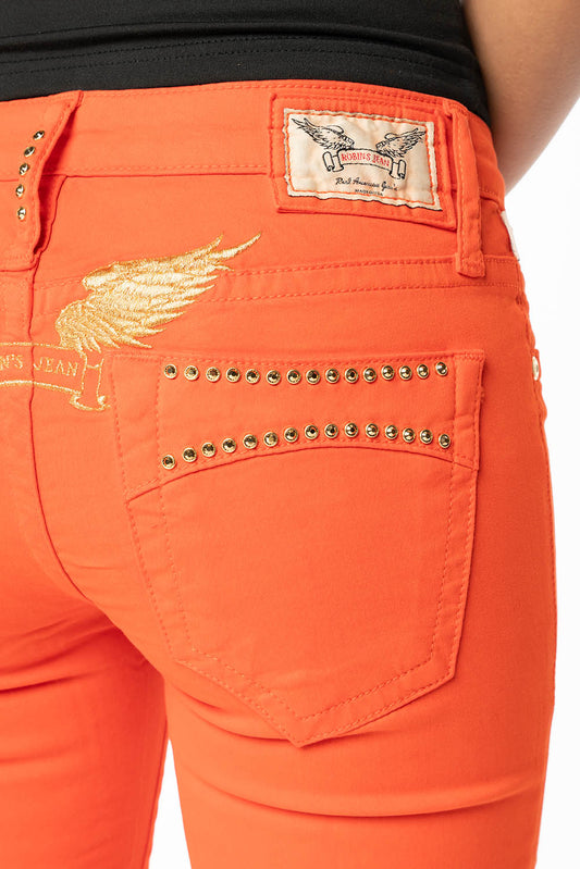 MARILYN LOW RISE WOMENS JEANS IN TANGERINE WASH  WITH GOLD WINGS & AURUM CRYSTALS