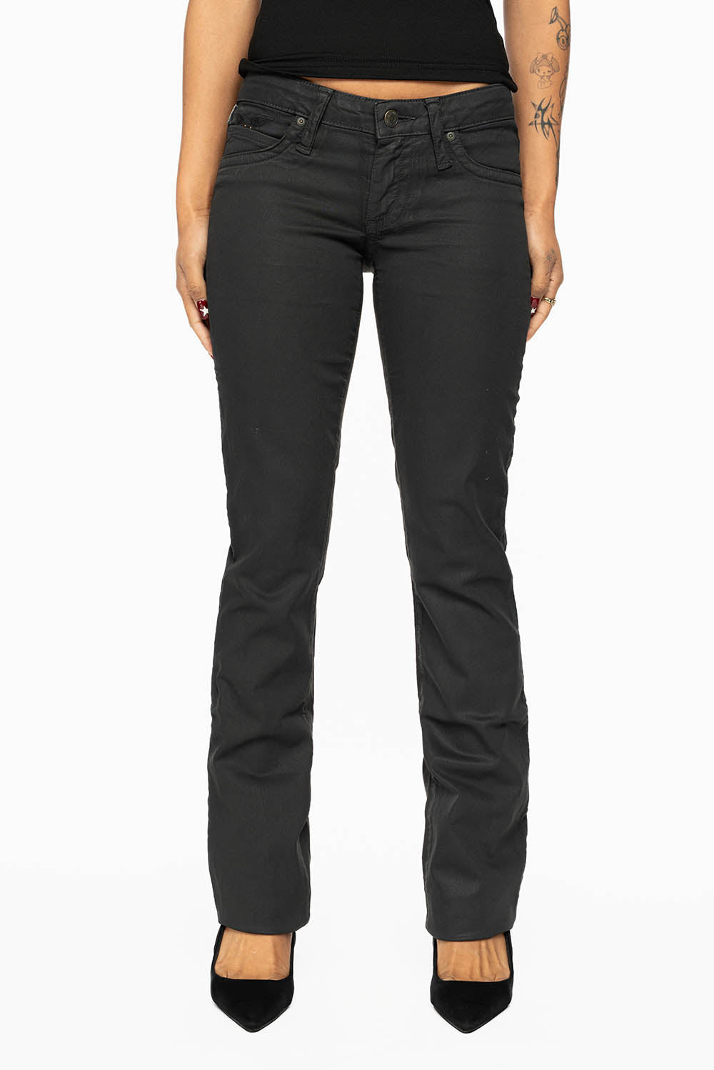 MARILYN LOW RISE WOMENS STRAIGHT LEG JEANS IN CHARCOAL COATING